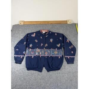 Vintage Artisans Sweatshirt Women's L Blue Button Front Bird House AOP